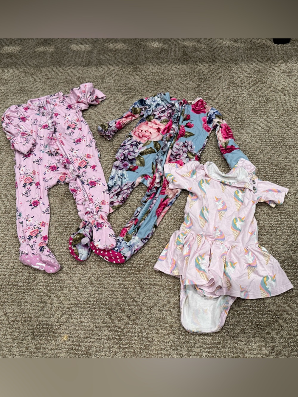 Posh Peanut bundle floral ruffled zippered footies and unicorn twirl skirt
